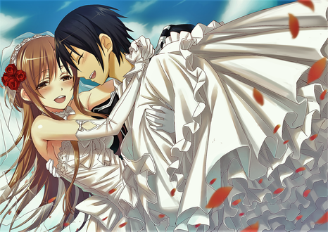 Обои на рабочий стол Жених Kirito / Кирито несет на руках невесту Asuna / Асуну, арт персонажей из аниме Sword Art Online / Мастера Меча Онлайн