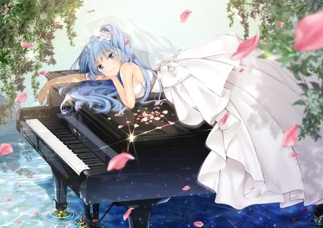 Обои на рабочий стол Vocaloid Hatsune Miku / Вокалоид Хатсуне Мику лежит на рояле в свадебном платье