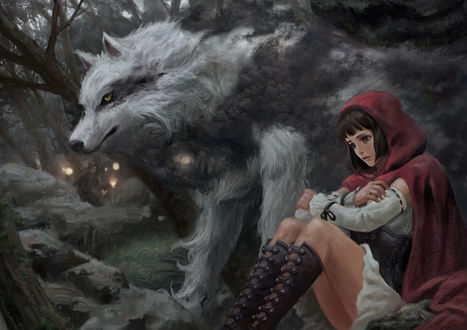Обои на рабочий стол Red riding hood / Красная Шапочка и серый волк в лесу, by jae hyuck jang