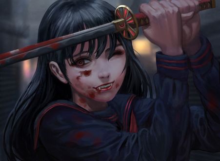 Обои на рабочий стол Vampire girl / Девушка-вампир с катаной, by jae hyuck jang