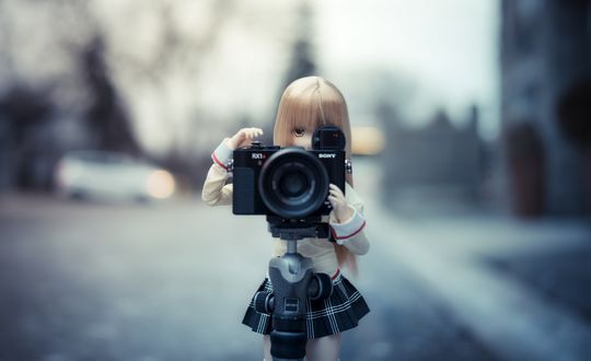 Обои на рабочий стол Девочка-кукла с фотоаппаратом в руках