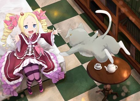 Обои на рабочий стол Puck / Пак летит к обрадованной его появлением Beatrice / Беатрис арт аниме Re: Zero kara Hajimeru Isekai Seikatsu / Re: Жизнь в альтернативном мире с нуля