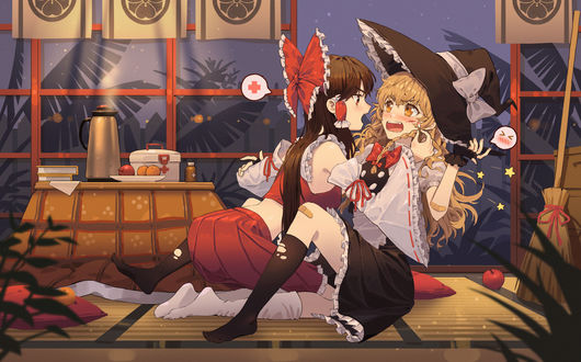 Обои на рабочий стол Reimu Hakurei / Рейму Хакурей обрабатывает царапину на щеке у Kirisame Marisa / Кирисаме Марисы персонажи из серии компьютерных игр Touhou Project / Проект Восток
