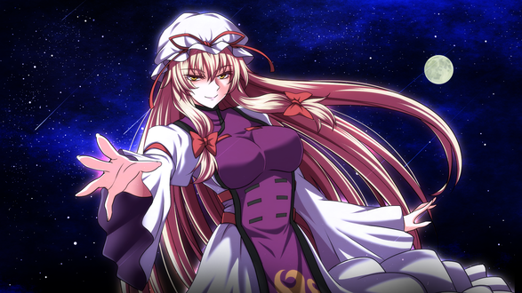 Обои на рабочий стол Yakumo Yukari / Якумо Юкари ночью на фоне звездного неба, арт персонажа из серии компьютерных игр Touhou Project / Проект Восток