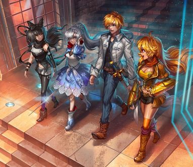 Обои на рабочий стол Yang Xiao Long / Янь Сяо Лун, Jaune Arc / Жон Арк, Weiss Schnee / Вайс Шни и Blake Belladonna / Блейк Белладонна из аниме RWBY / Красный, Белый, Черный, Желтый, art by SA-DUI