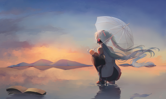 Обои на рабочий стол Vocaloid Hatsune Miku / Вокалоид Хатсунэ Мику сидит под зонтом, by saihate