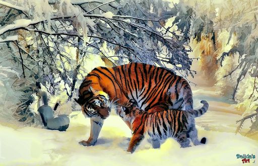 Обои на рабочий стол Тигрица с тигренком на снегу, by makiskan