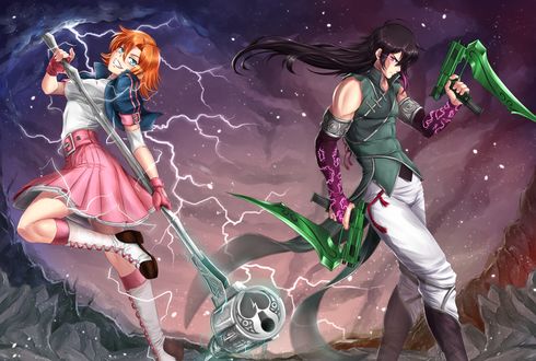 Обои на рабочий стол Nora Valkirie / Нора Валькирия и Lie Ren / Лай Рен из аниме RWBY / Красный, Белый, Черный, Желтый, art by ADSouto