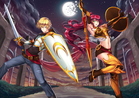 Обои на рабочий стол Jaune Arc / Жон Арк и Pyrrha Nikos / Пирра Никос из аниме RWBY / Красный, Белый, Черный, Желтый, art by ADSouto