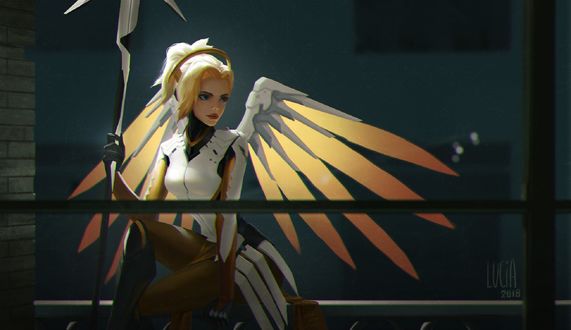 Обои на рабочий стол Mercy / Ангел / Ангела Циглер из игры Overwatch / Дозор, by Lucia Hsiang