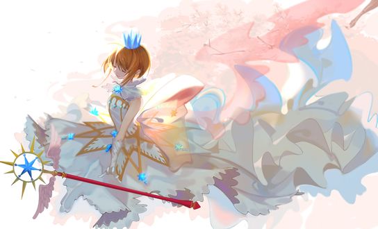 Обои на рабочий стол Сакура Киномото / Sakura Kinomoto с жезлом в короне и белом платье из аниме Сакура собирательница карт / Cardcaptor Sakura
