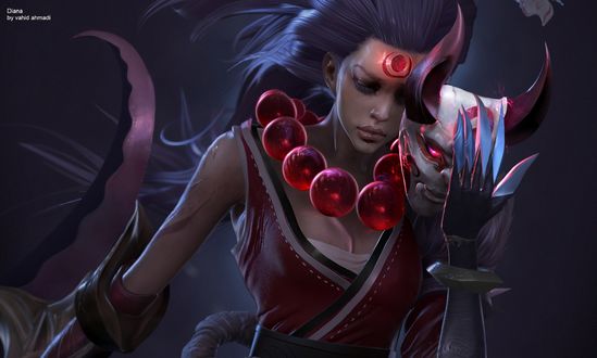 Обои на рабочий стол Diana / Диана с магическим знаком на лбу и маской демона у лица, из игры League of Legends / Лига Легенд, by vahid ahmadi