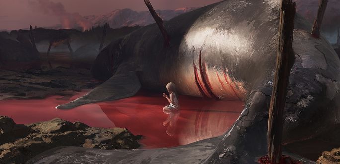 Обои на рабочий стол Девочка в белом платье сидит на Кладбище Китов / Whale Cemetery, by Ilya Dykov