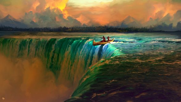 Обои на рабочий стол Люди в лодке перед водопадом, by Dominik Mayer