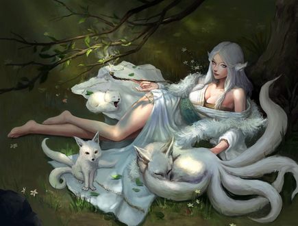 Обои на рабочий стол Kitsune / Девушка лисичка лежит на траве под деревом с трубкой в руке, около нее собрались белые лисы-духи