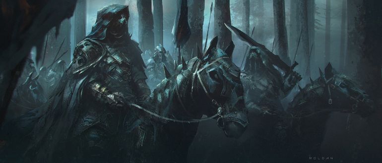 Обои на рабочий стол Evil Knights / Зловещие Рыцари едут на лошадях по мрачному лесу, by Juan Pablo Roldan