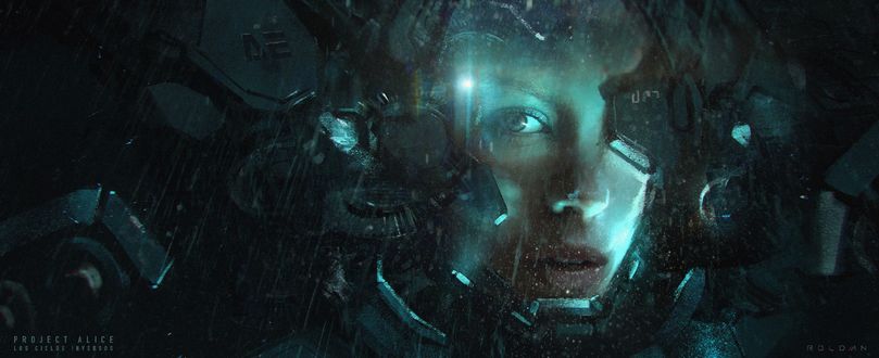 Обои на рабочий стол Девушка-солдат ALICE / АЛИСА в скафандре под дождем, by Juan Pablo Roldan
