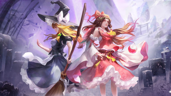 Обои на рабочий стол Reimu Hakurei / Рейму Хакурей и Marisa Kirisame / Мариса Кирисаме персонажи из серии компьютерных игр Touhou Project / Проект Восток