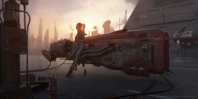 Обои на рабочий стол Девушка стоит с сигаретой у футуристического летательного аппарата на заправке, by shuo SHI