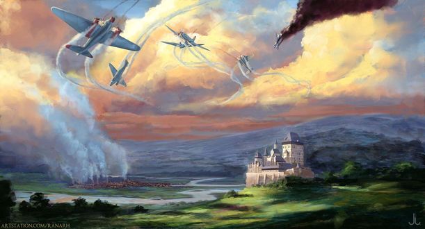 Обои на рабочий стол Фантастические замки и воздушные бои самолетов, by Ranarh