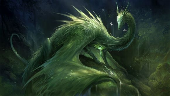 Обои на рабочий стол Дракон смотрит на белых птиц, летающих около него, by Sandara