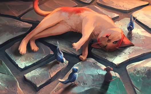 Обои на рабочий стол Кот лежит рядом с птицами и мышкой, art by AquaSixio