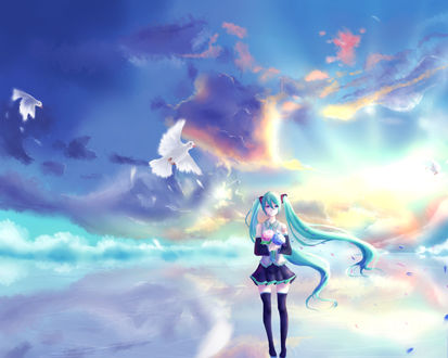 Обои на рабочий стол Vocaloid Miku Hatsune / Вокалоид Мику Хацунэ с букетами цветов в руках