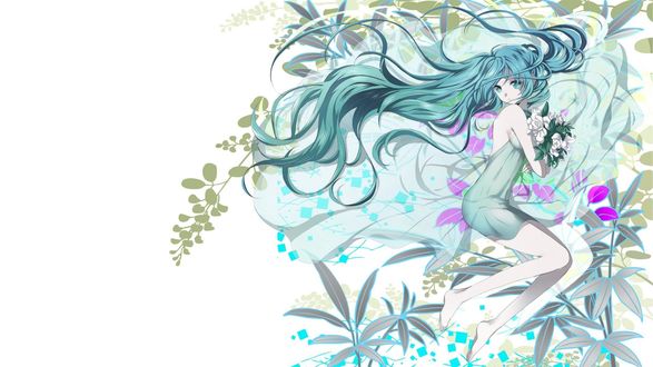 Обои на рабочий стол Vocaloid Miku Hatsune / Вокалоид Мику Хацунэ с букетами цветов в руках