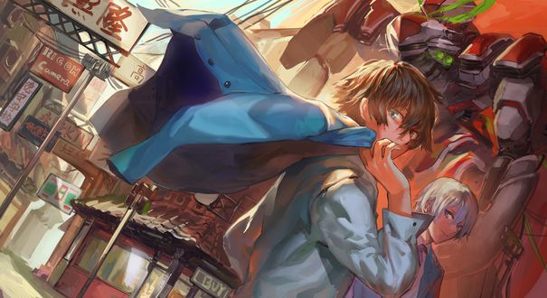 Обои на рабочий стол L-Elf Karlstein / Эл-Эльф Карлштейн и Haruto Tokishima на городской улице из аниме Valvrave the Liberator / Kakumeiki Valvrave / Валврейв Освободитель