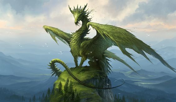 Обои на рабочий стол Зеленый дракон на скале, by Sandara