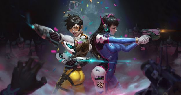 Обои на рабочий стол Tracer / Трейсер и D. VA Hana Song / Ханна Сон в бою, арт к игре Overwatch / Дозор, by Hou China