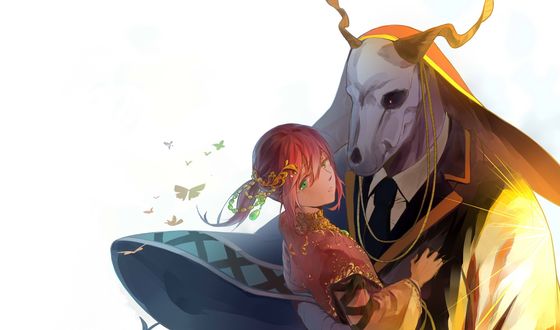 Обои на рабочий стол Чисэ Хатори / Chise Hatori в объятиях Элиас Эйнсворт / Elias Ainsworth из аниме Невеста чародея / Mahoutsukai no Yome
