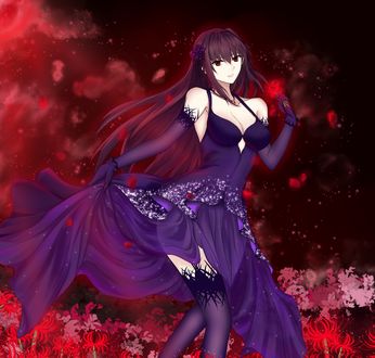 Обои на рабочий стол Scathach / Скатах с ликорисом в руке, арт персонажа из онлайн RPG игры Fate: Grand Order / Судьба: Великий Приказ
