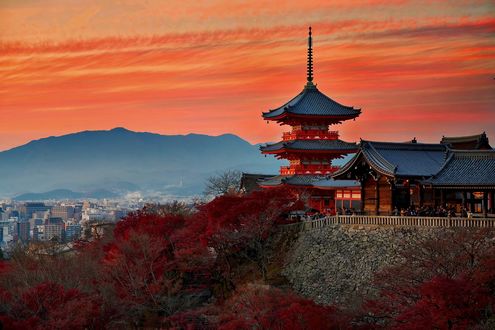Обои на рабочий стол Пагода храма Mimuroto Ji-temple на фоне заката, Киото / Kyoto, Япония / Japan