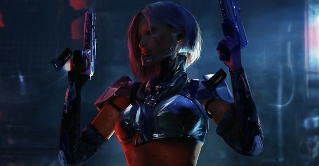 Обои на рабочий стол Cybergirl / Кибер-девушка с пистолетами, by Bruce Zhang