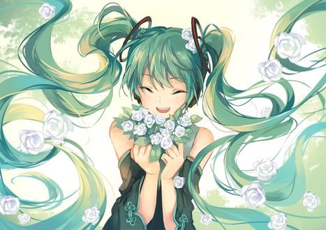 Обои на рабочий стол Vocaloid Miku Hatsune / Вокалоид Мику Хацунэ с букетом цветов в руках