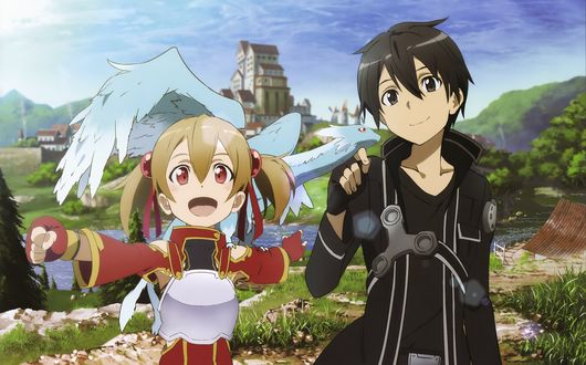 Обои на рабочий стол Kirito / Кирито гладит дракончика Pina / Пину, сидищую на плече у Silica / Силики, арт к аниме Sword Art Online / Мастера Меча Онлайн