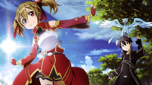 Обои на рабочий стол Silica / Силика, Kirito / Кирито и Pina / Пина из аниме Sword Art Online / Мастера Меча Онлайн