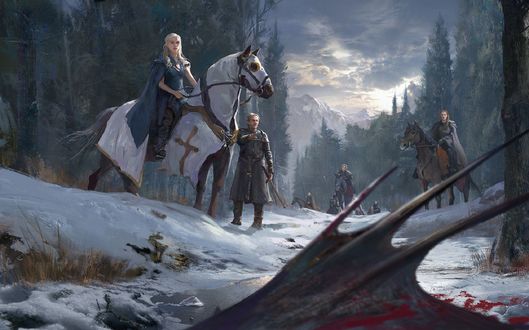 Обои на рабочий стол Герои сериала Игра престолов / Game of Thrones в заснеженном лесу смотрят на падшего дракона, by Bruce Zhang