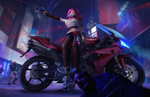 Обои на рабочий стол Харли Квинн / Harley Quinn стоит у мотоцикла на улице города с оружием в руках, окруженная вооруженными мужчинами, by Bruce Zhang