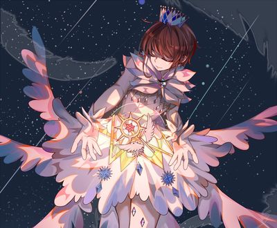 Обои на рабочий стол Сакура Киномото / Sakura Kinomoto в короне с жезлом на фоне звездного неба из аниме Сакура собирательница карт / Cardcaptor Sakura