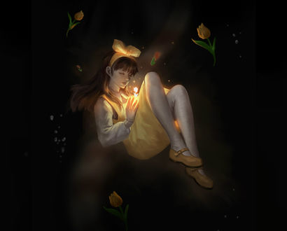 Обои на рабочий стол Девушка со светящимся цветочком в руке под водой, by mist XG
