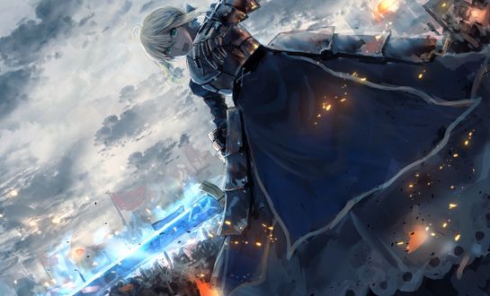 Обои на рабочий стол Saber / Сэйбер на поле боя из аниме и игры Fate / Grand Order / Судьба / Великий приказ
