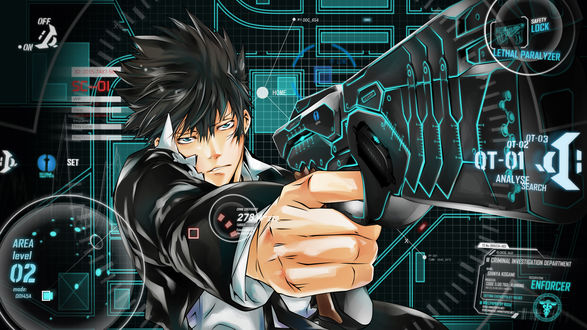 Обои на рабочий стол Когами Шинья / Shinya Kogami направил пистолет из аниме Психопаспорт / PSYCHO-PASS