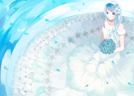 Обои на рабочий стол Vocaloid Miku Hatsune / Вокалоид Мику Хацунэ в свадебном наряде с букетом голубых роз в руках сидит в воде, by Maayan