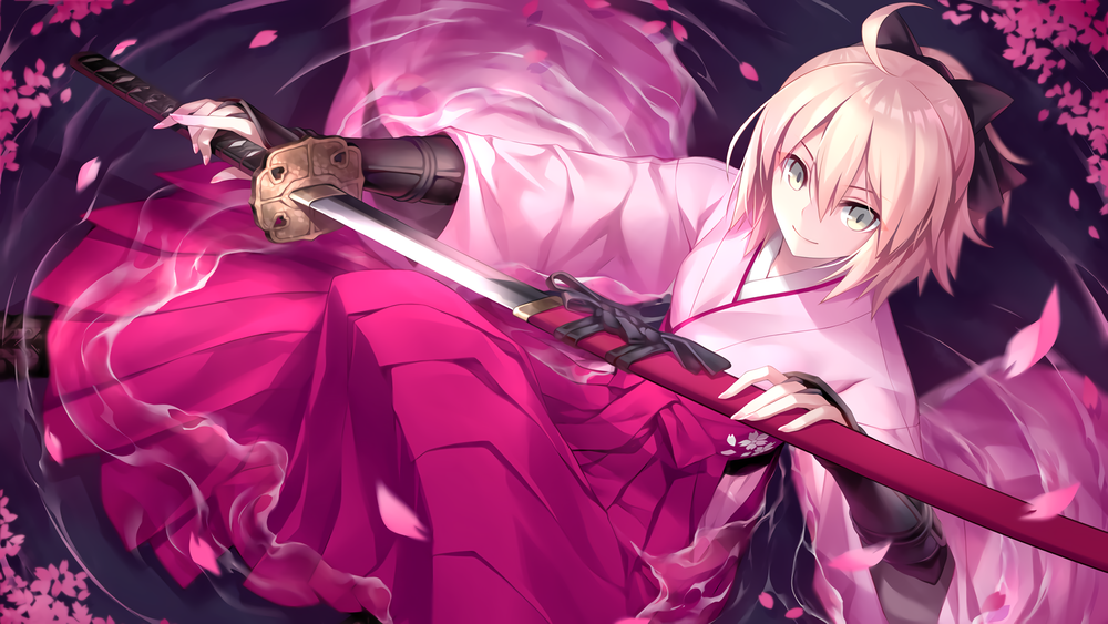 Обои для рабочего стола Saber Sakura / Сэйбер Сакура в кимоно с катаной в руках среди лепестков сакуры из онлайн RPG игры Fate / Grand Order