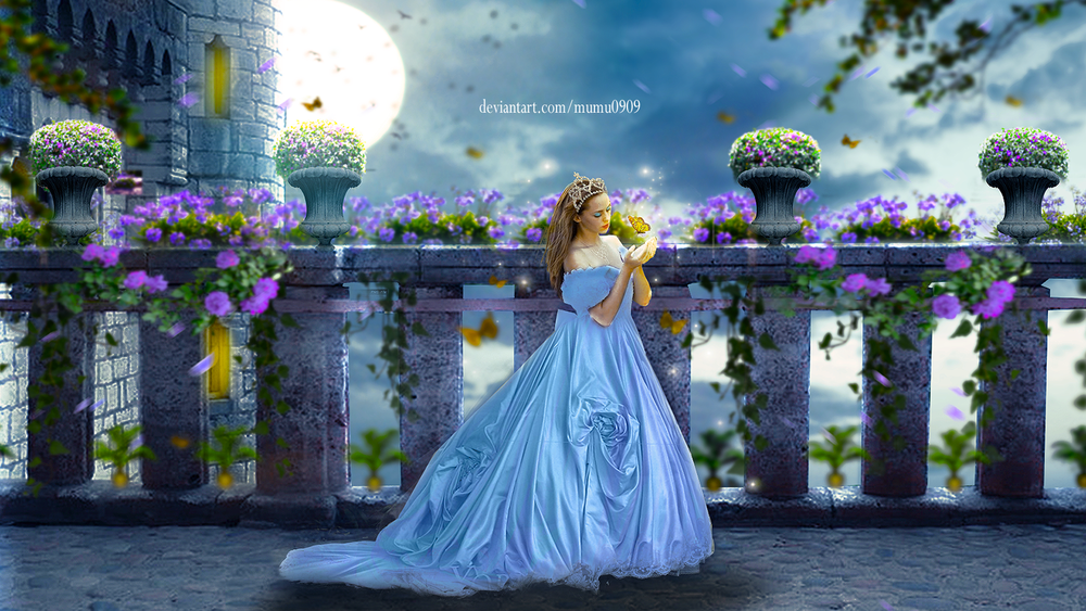 Обои для рабочего стола Девушка в короне, в длинном голубом платье с бабочкой над рукой, by mumu0909