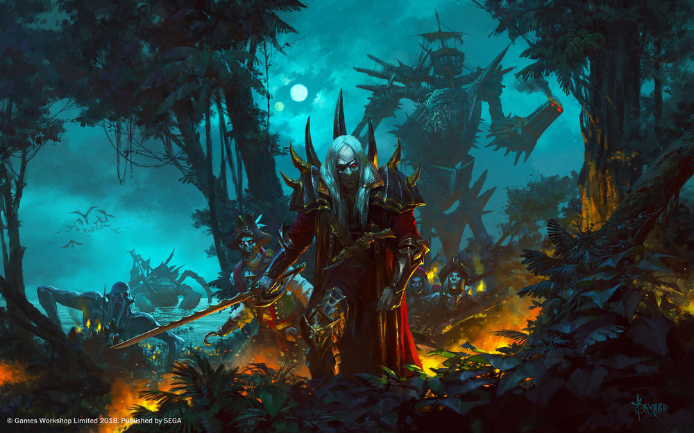 Обои для рабочего стола Вампир и монстры выходят из моря в джунгли лунной ночью, арт к игре Total War: Warhammer, by Bayard Wu