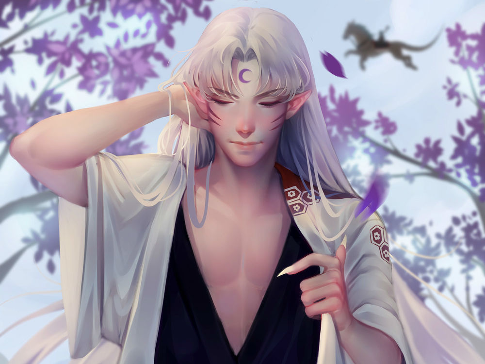 Обои для рабочего стола Демон Sesshomaru / Сесшомару на фоне неба и цветущих деревьев из аниме InuYasha / Инуяша