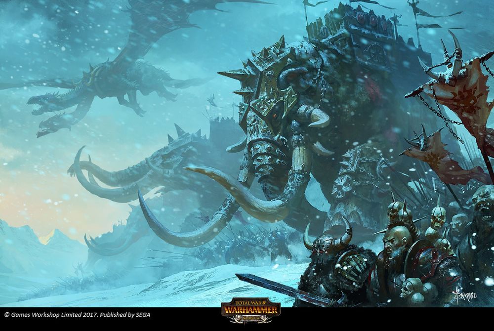 Обои для рабочего стола Наступление армии монстров под падающим снегом, арт к игре Total War: Warhammer, by Bayard Wu